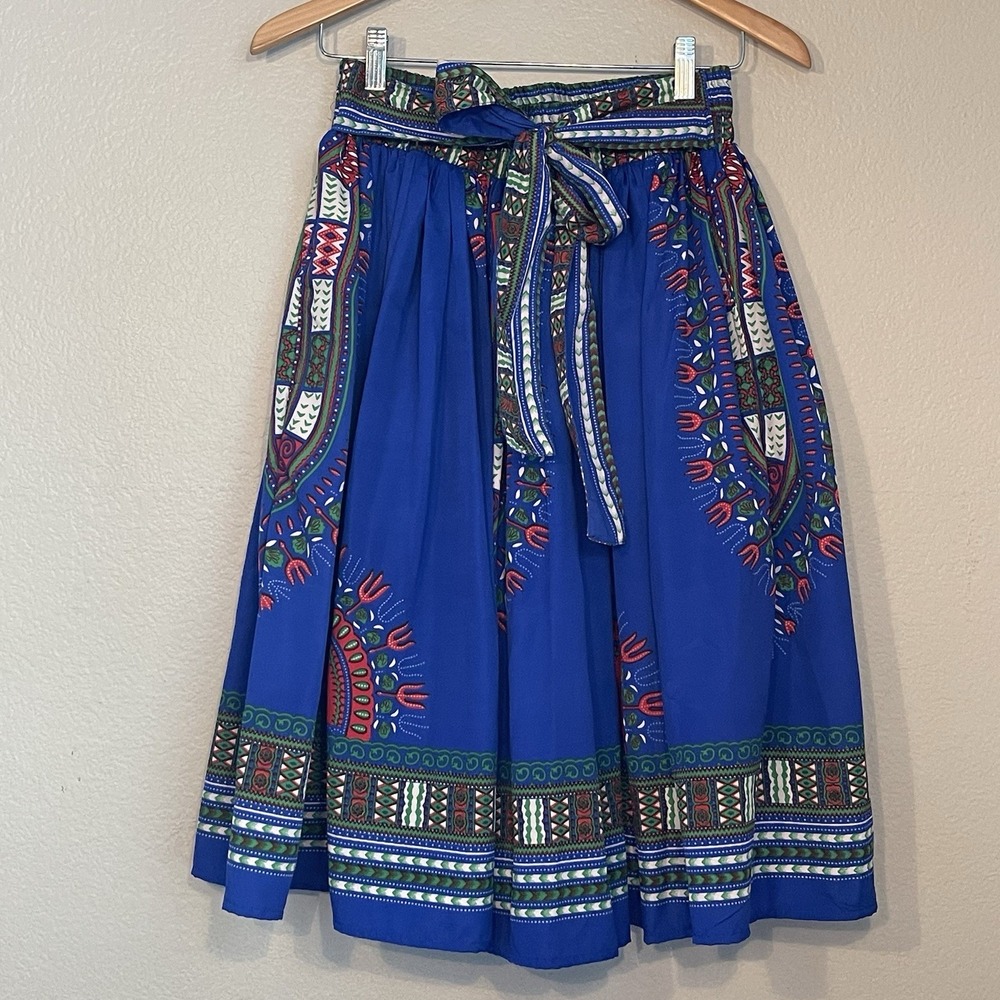 Womens Small Bold Blue Skirt Dashiki Print Pockets Belt Cotton Natural Fibers